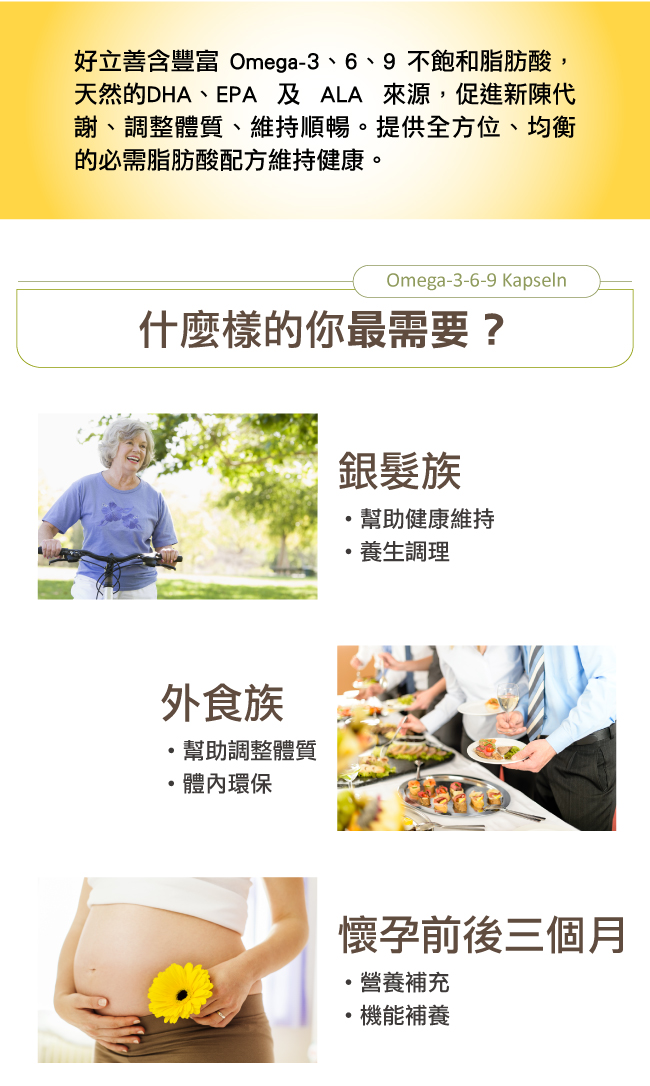 德國 好立善 Omega 3-6-9 必需脂肪酸 魚油+亞麻仁油+月見草油 (60粒)