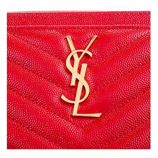 YSL 經典MONOGRAM系列V字縫線魚子醬牛皮金色LOGO拉鍊手拿包 (紅色)