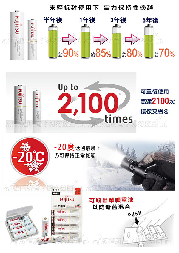 Fujitsu 低自放4號 750mAh 鎳氫充電電池(8顆入)