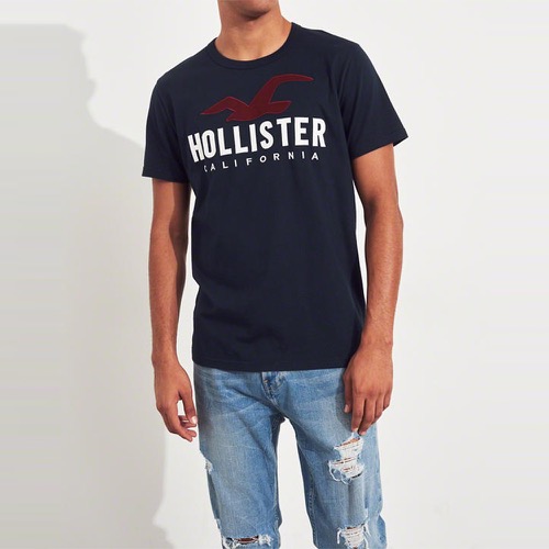 海鷗 Hollister 經典刺繡大海鷗文字短袖T恤-深藍色