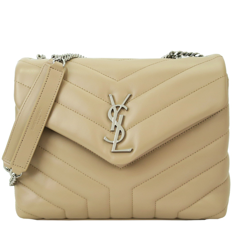 YSL Saint Laurent銀LOGO小牛皮縫線翻蓋肩背/斜背包(小/卡其)