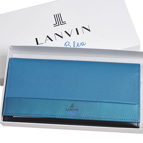 LANVIN en Bleu 品牌經典LOGO圖騰防刮牛皮對折長夾(藍色系)