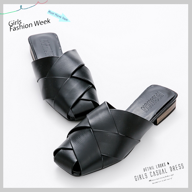 River&Moon拖鞋-皮革交叉編織低跟穆勒鞋-黑