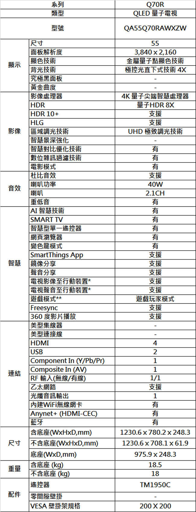 SAMSUNG三星 55吋 4K QLED量子液晶電視 QA55Q70RAWXZW