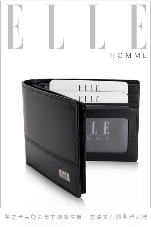 ELLE HOMME 法式水波紋系列- 11卡中翻窗格短夾- 黑色