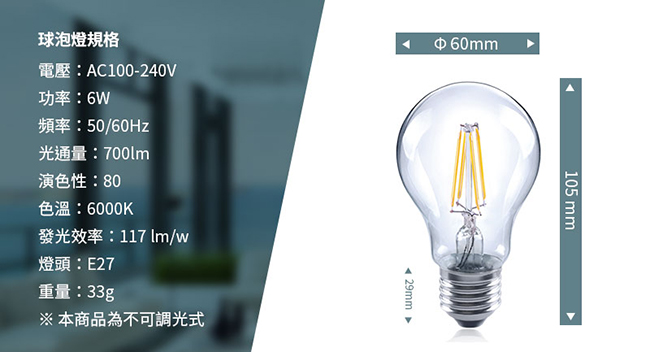 【KINGTEL】LED經典燈絲球泡燈6W-白光-清光-6入