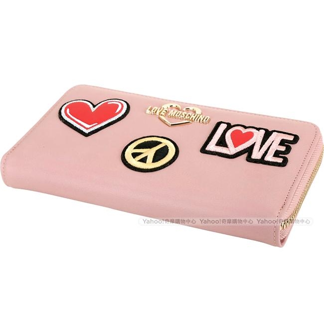 LOVE MOSCHINO 和平愛心刺繡補丁拉鍊長夾(粉色)