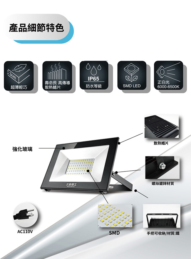 【太星電工】50W 110V LED防水投射燈-白光