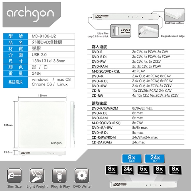 Archgon 8X USB2.0 極薄DVD燒錄機 MD-9106S-U2