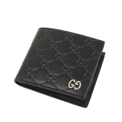 GUCCI Signature 金屬LOGO 對開短夾(八卡-黑色)