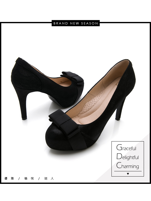 GDC-羊皮蝴蝶結氣質甜美混蕾絲高跟鞋-黑色