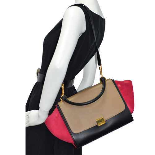 CELINE 經典TRAPEZE系列撞色拼接小牛皮手提/肩背包(棕X桃紅X黑)