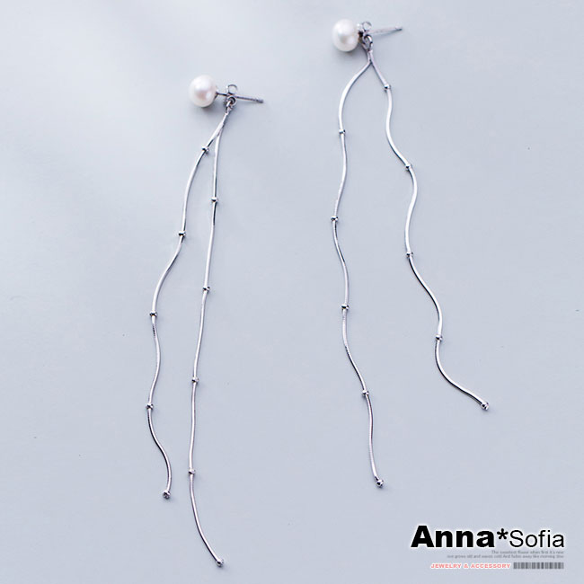【3件5折】AnnaSofia 天然珍珠長圓點鍊 後掛墬925銀針耳針耳環(銀系)