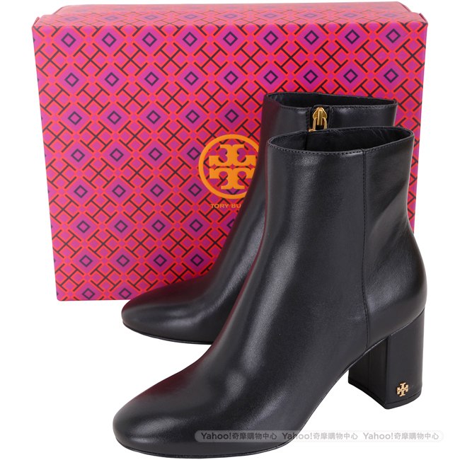 TORY BURCH Brooke Bootie 雙T飾小牛皮粗跟短靴(黑色)