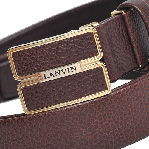 LANVIN 品牌字母LOGO皮帶頭環荔枝壓紋皮帶(深咖啡)