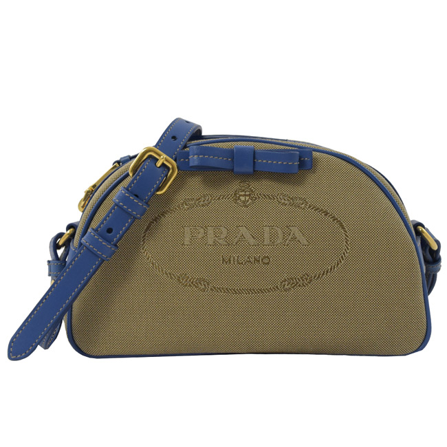 PRADA 復古大LOGO經典帆布元寶小斜背包(藍邊)