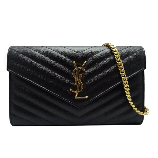YSL MONOGRAM V字縫線牛皮金鍊斜肩手拿包(黑色)