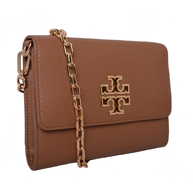 TORY BURCH BRITTEN 立體大LOGO掀蓋式全皮革鍊帶手拿/斜背包-焦糖棕