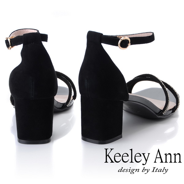Keeley Ann細條帶 交叉繞帶水鑽真皮粗跟涼鞋(黑色-Ann系列)