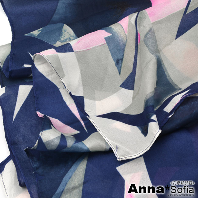 【滿額再75折】AnnaSofia 菱光漫拼色塊 亮緞面仿絲披肩絲巾圍巾(藍系)