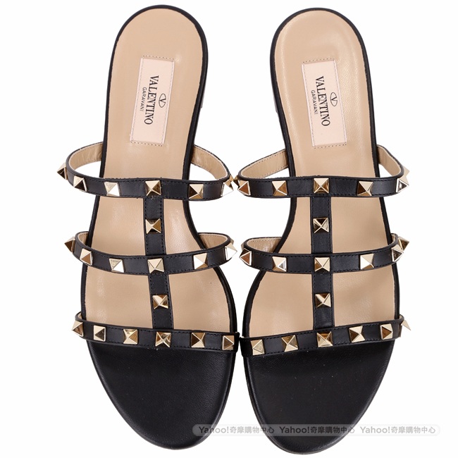 VALENTINO Rockstud 5mm 鉚釘飾小牛皮平底涼鞋(黑色)