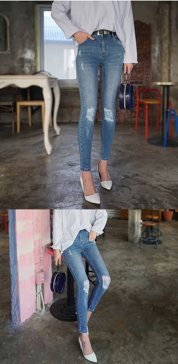 正韓 破膝仿舊緊身高腰長褲-(水洗藍)100%Korea Jeans