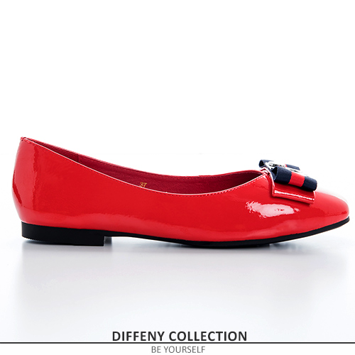 DN 時尚簡約 牛漆皮織帶蝴蝶結平底鞋-紅