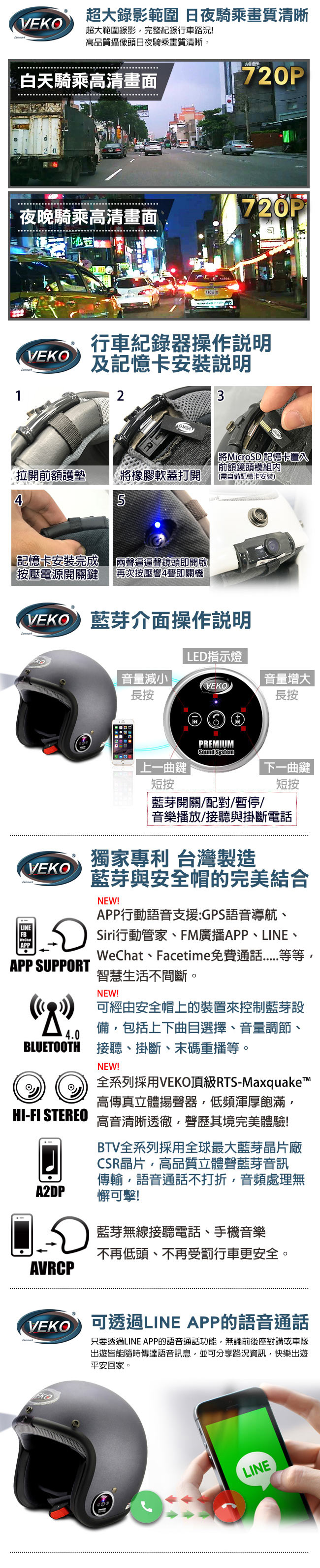 VEKO二代隱裝式720P行車紀錄器+內建雙聲道藍芽通訊安全帽(雅光尊爵黑)