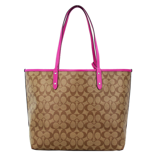 COACH 立體馬車防刮皮革雙面托特包附手拿包(卡其桃紅)