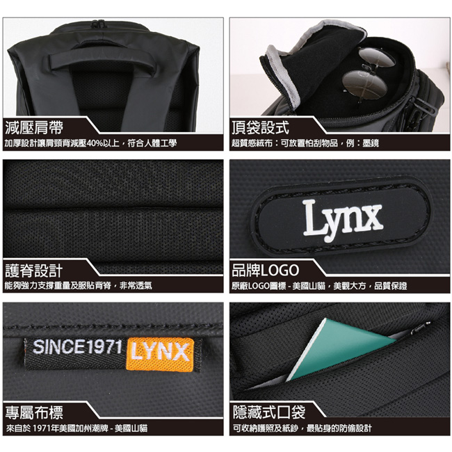 【LYNX】美國山貓商務休閒多隔層機能後背包-黑色