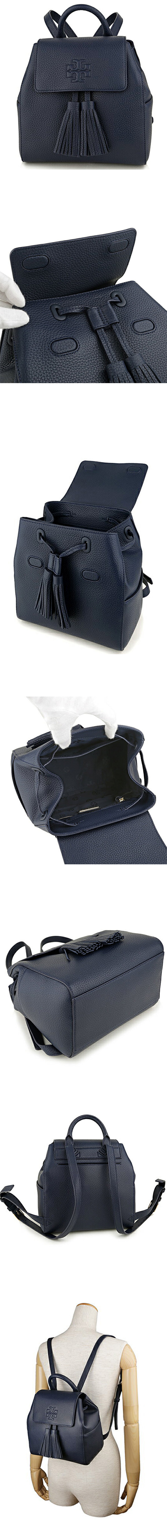 TORY BURCH THEA 流蘇皮革翻蓋束口小後背包-深藍色