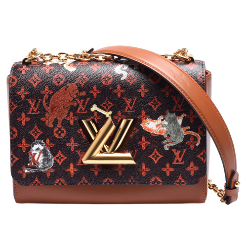 LV M44408 TWIST MM經典帆布貓狗圖案LOGO轉釦牛皮肩/斜背包