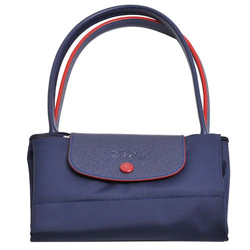 Longchamp Club系列刺繡摺疊拉鍊長提把尼龍水餃包(小/海軍藍)