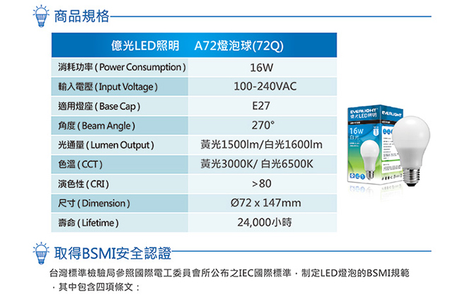 Everlight億光 16W LED燈泡 全電壓E27(白光3入)