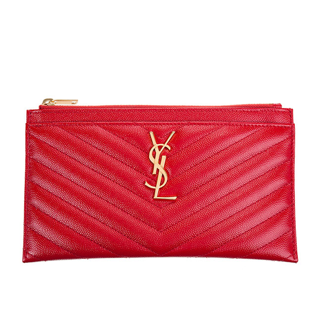 YSL 經典MONOGRAM系列V字縫線魚子醬牛皮金色LOGO拉鍊手拿包 (紅色)