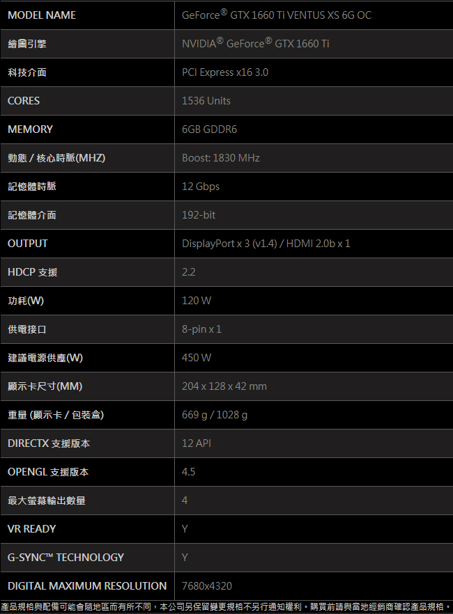 MSI微星 GeForce GTX 1660 Ti VENTUS XS 6G OC 顯示卡