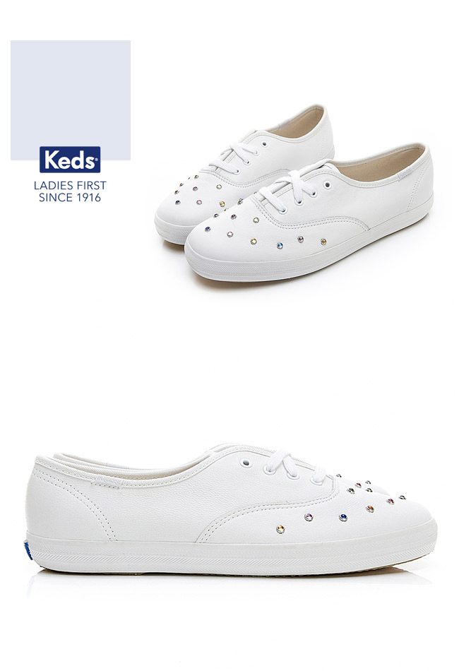 Keds CHAMPION 彩色水鑽皮革綁帶休閒鞋-白