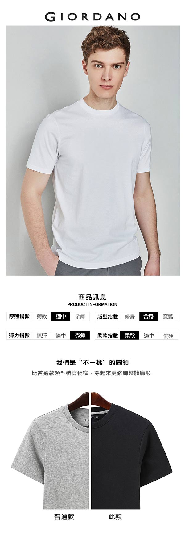 GIORDANO男裝純棉經典素色貼領T恤-01 標志白色