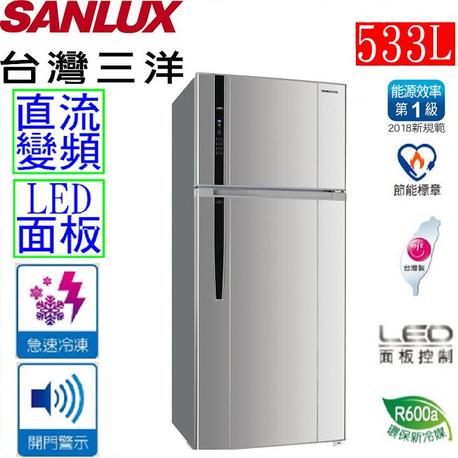 [無卡分期-12期] SANLUX台灣三洋 533L 1級變頻2門電冰箱 SR-C533BV1