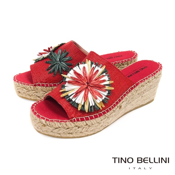 Tino Bellini 西班牙進口多彩花葉麻編楔型涼拖鞋 _ 紅