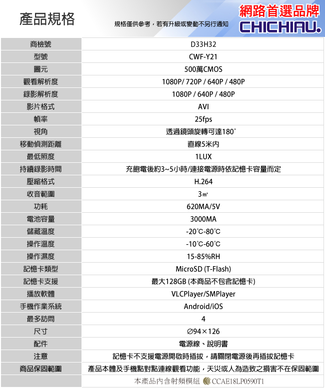 【CHICHIAU】WIFI無線網路高清1080P旋轉鏡頭七彩小夜燈造型-針孔微型攝影機