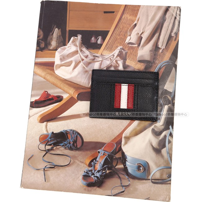 BALLY THAR 經典紅白條紋牛皮卡片夾(黑色)