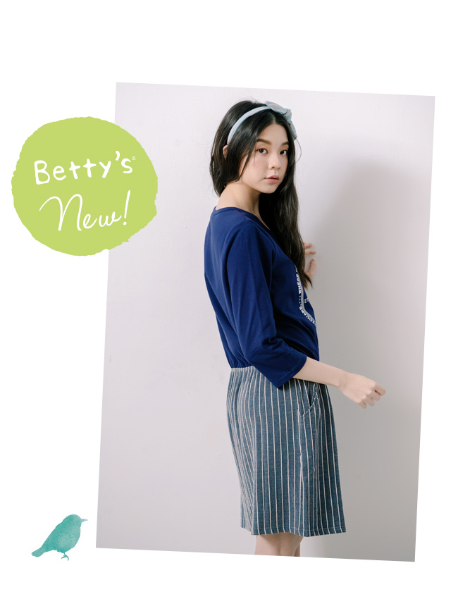 betty’s貝蒂思　前印花拼接條紋七分袖洋裝(深藍)