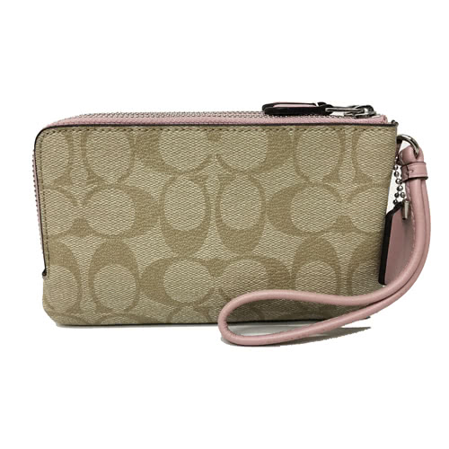 COACH 立體金屬馬車PVC皮革L型雙層拉鍊手拿包零錢包(櫻花粉)