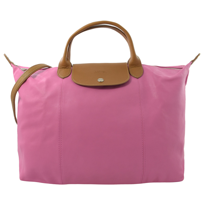 LONGCHAMP Le Pliage Cuir 拼色小羊皮短把兩用包(粉/L)