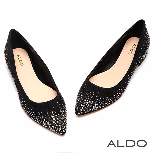 ALDO 原色璀璨金屬銀珠水鑽鑲嵌尖頭粗低跟鞋~尊爵黑色