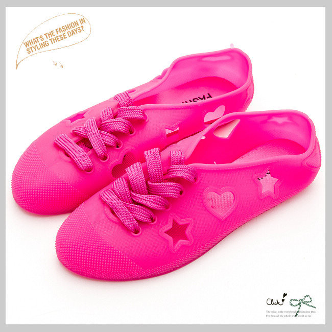 River&Moon防水鞋-晴雨二穿超Q軟星心簍空繫帶休閒鞋-桃紅