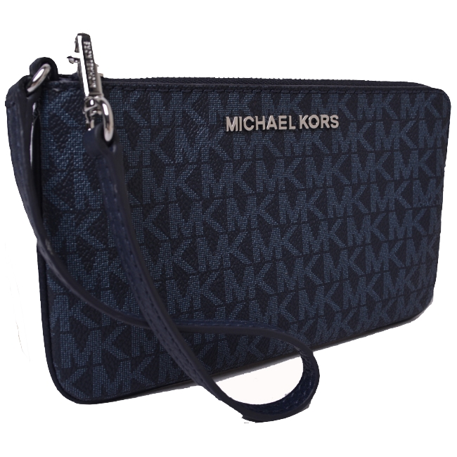 MICHAEL KORS 銀字LOGO防刮皮革滿版大款手拿包-海軍藍