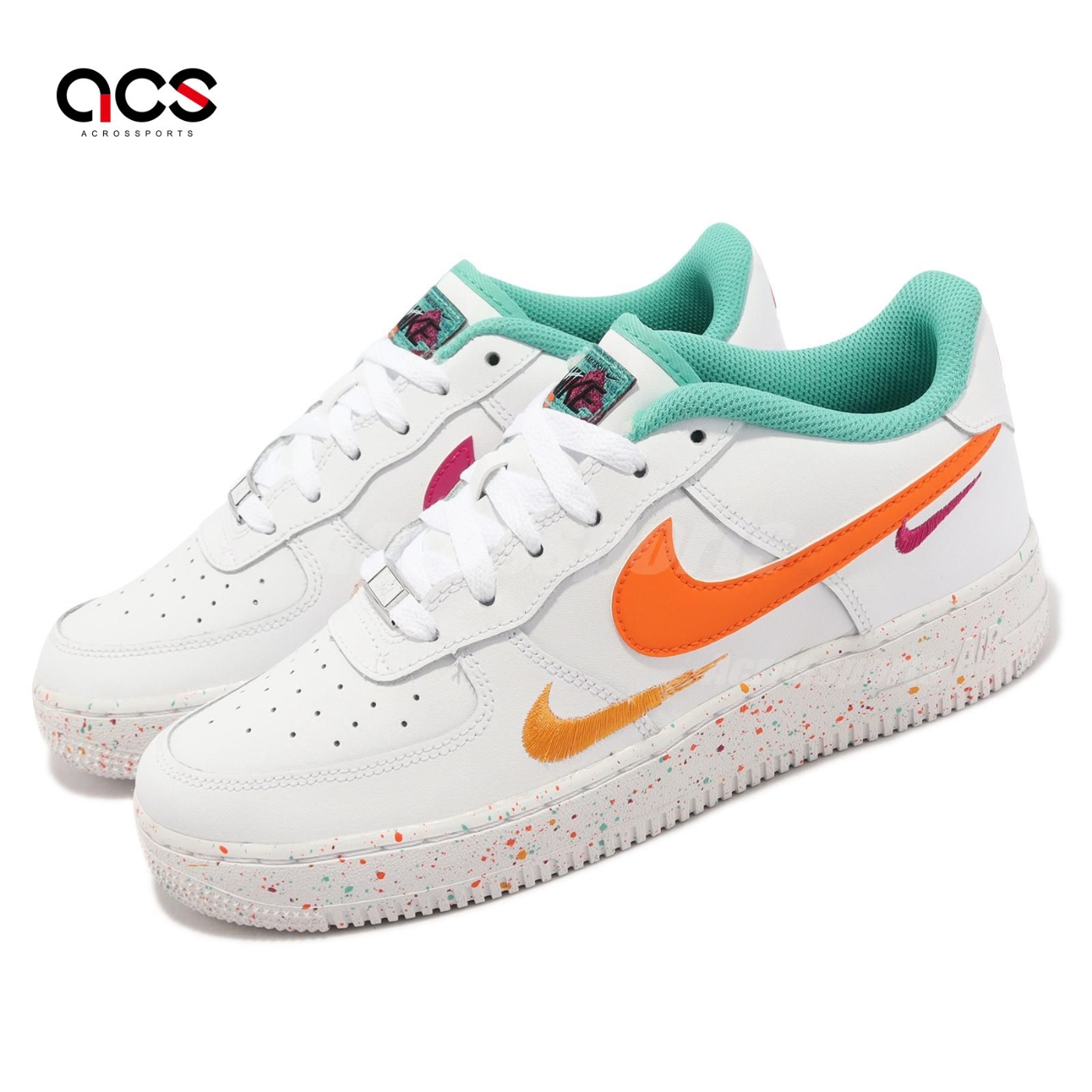 Nike 休閒鞋Air Force 1 LV8 GS 大童鞋女鞋CNY 白橘桃紅AF1 潑墨多勾