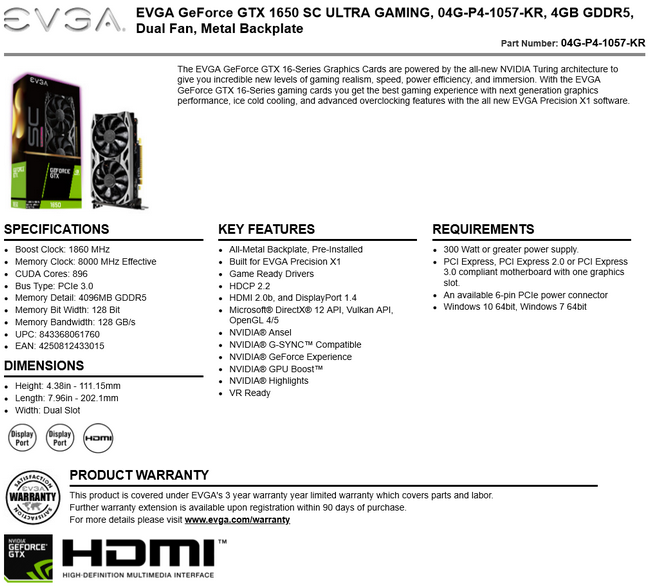 艾維克EVGA GTX 1650 SC ULTRA BP GAMING GDDR5 顯示卡